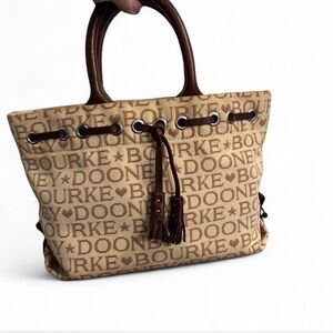 Dooney & Bourke Beige Logo Jacquard Tote with Brown Leather Trim